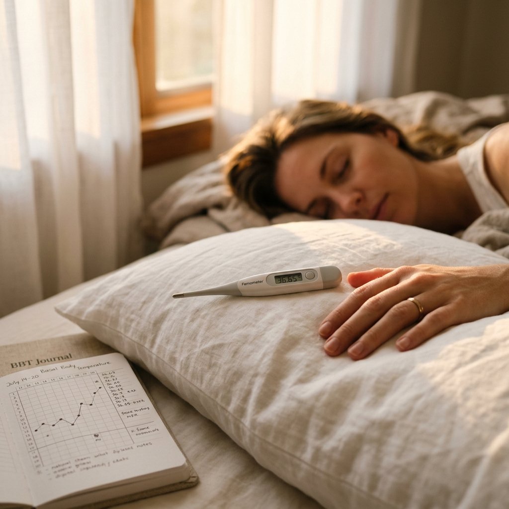 Digital basal body thermometer resting on a white pillow with a BBT chart notebook in soft morning sunrise light