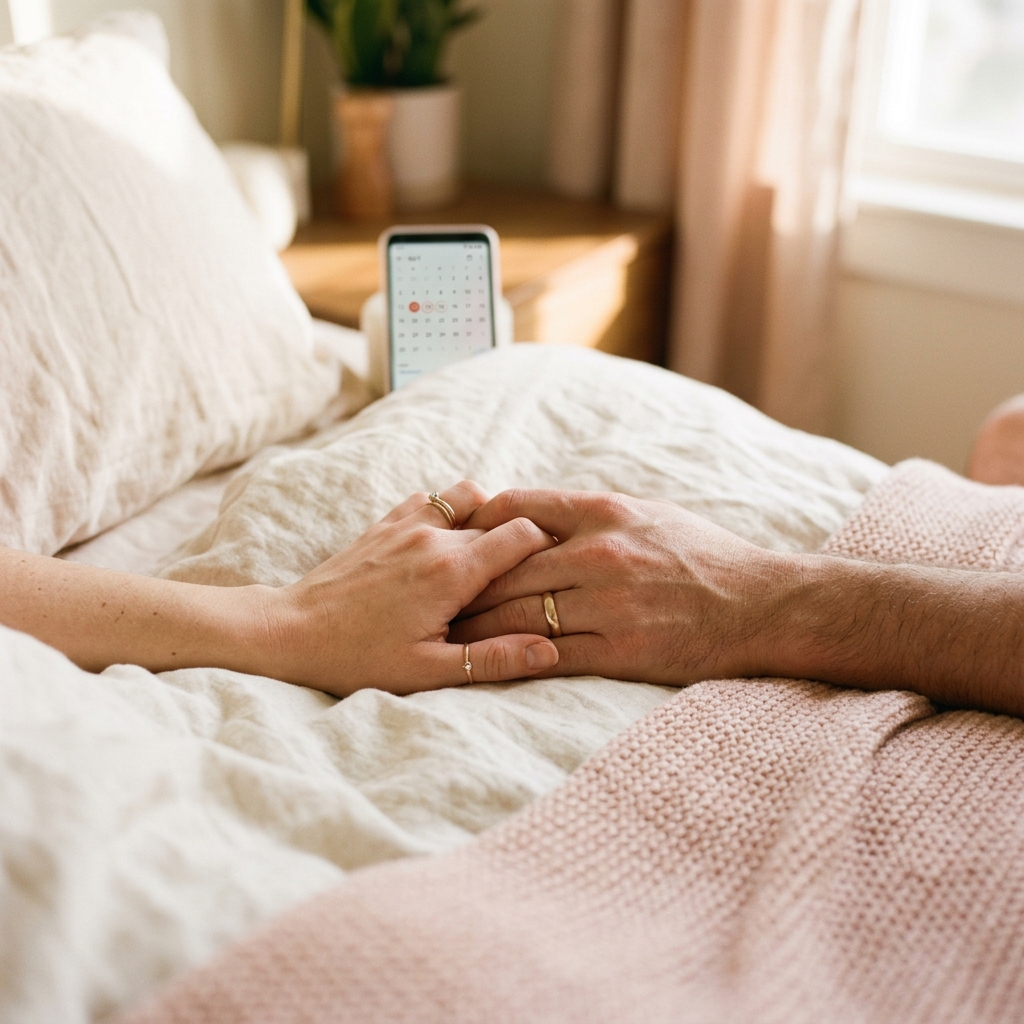 Couple holding hands gently in morning light with a fertility calendar in the background