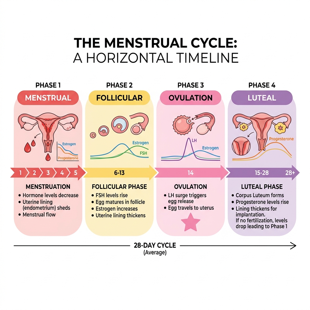 Infographic of the four menstrual cycle phases with color-coded timeline showing menstrual, follicular, ovulation, and luteal phases