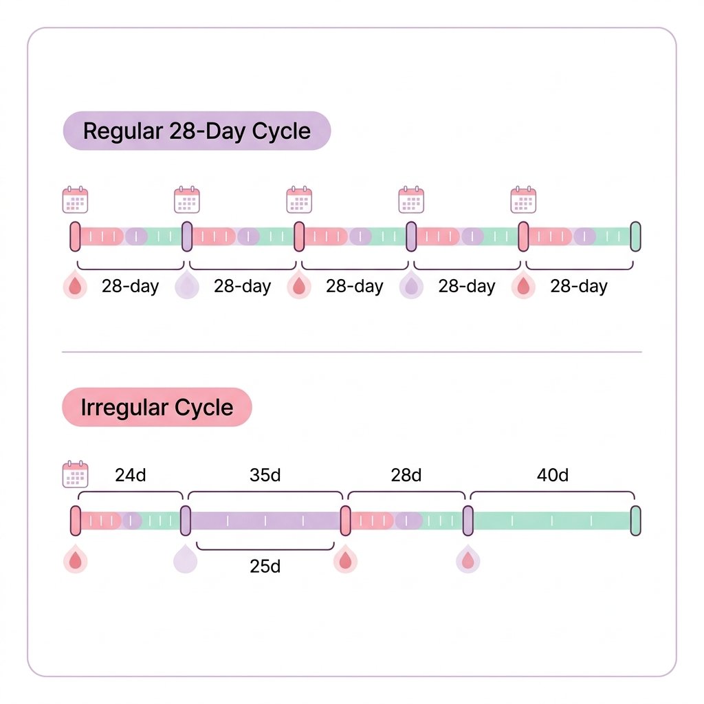 Side-by-side comparison of a regular 28-day menstrual cycle versus an irregular cycle with varying lengths of 24 to 40 days